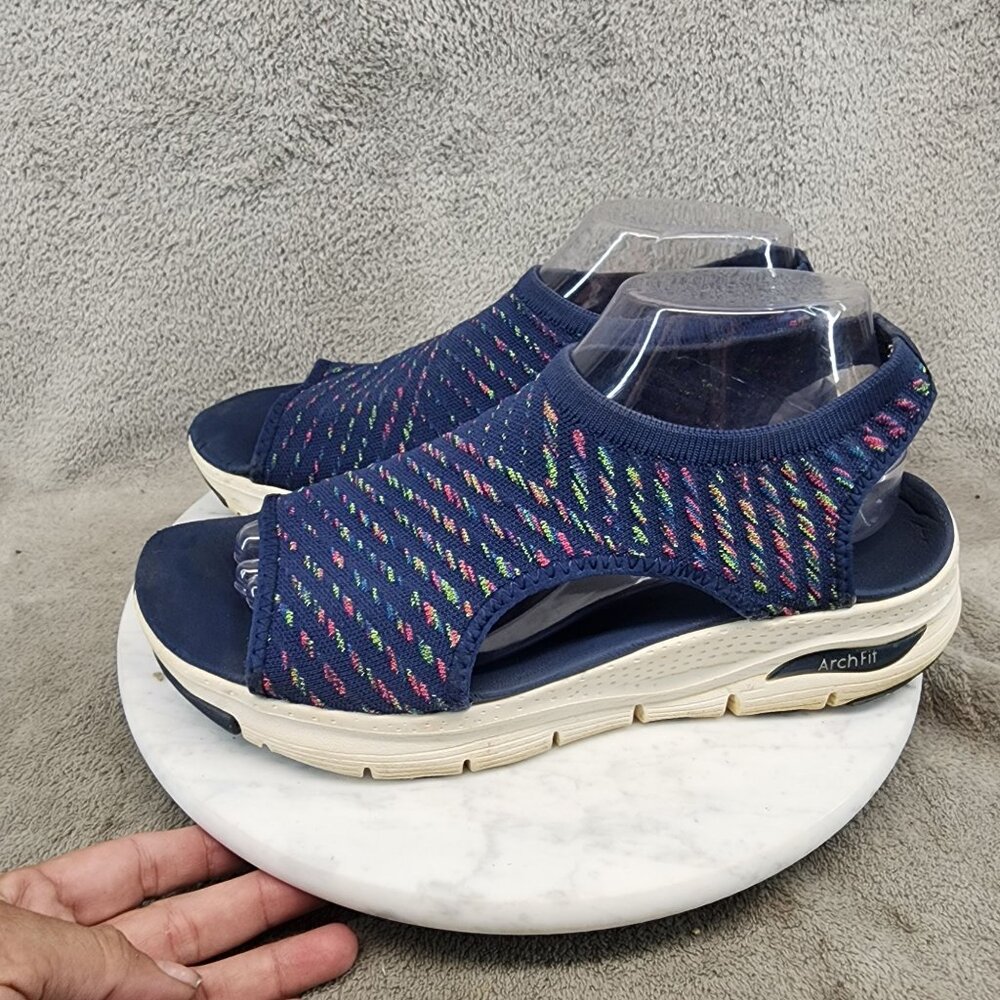 Skechers Womens Size 8 Catchy Wave Arch Fit Navy Rainbow Knit Sandals *GUC*